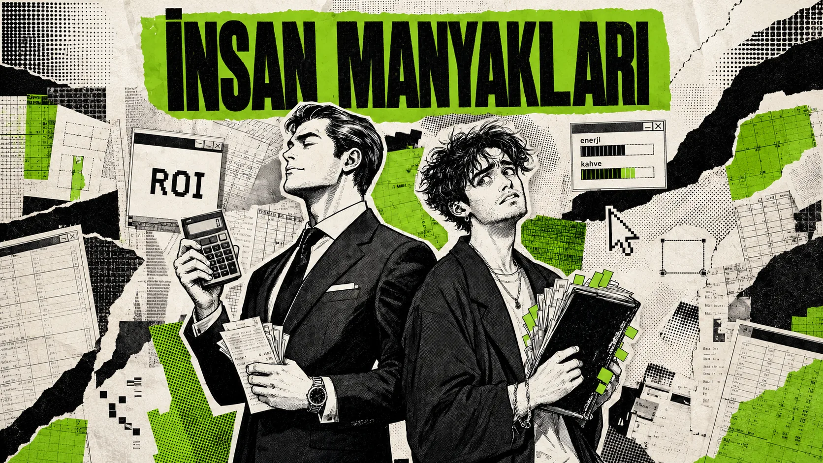 İnsan Manyakları — kalem ve dosyalı iki karakterin yer aldığı siyah-beyaz punk zine kolajı, ROI hesap makinesi ve enerji/kahve göstergesi pencereleriyle.